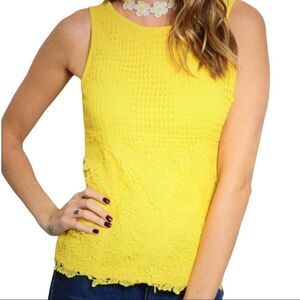 Yellow Floral Embroidered Textured Tank Top Medium V-Back Boho NWT